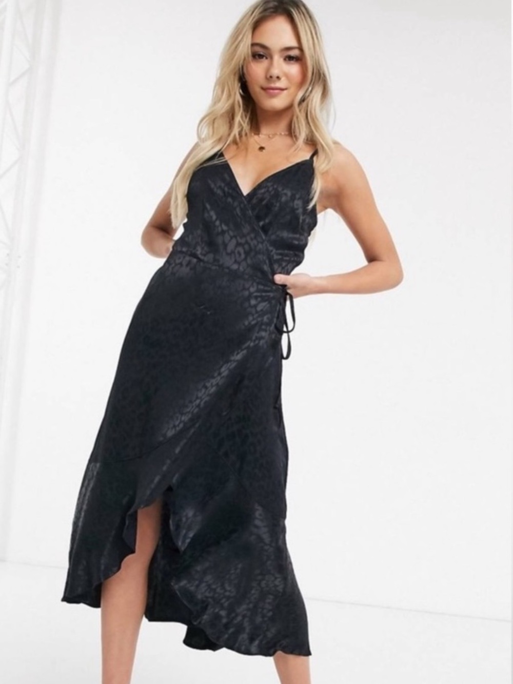 Abercrombie & Fitch Black Satin Leopard Jacquard Wrap Midi Slip Dress - Size XS